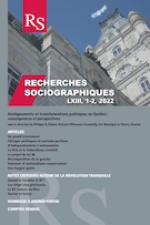 Couverture du numéro 'Réalignements et transformations politiques au Québec : conséquences et perspectives' de la revue 'Recherches sociographiques'